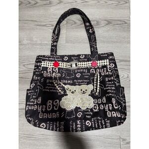 Cute Bear & Word Print Tote Bag Black Pink Zipper Top Winnie the Pooh Shoulder